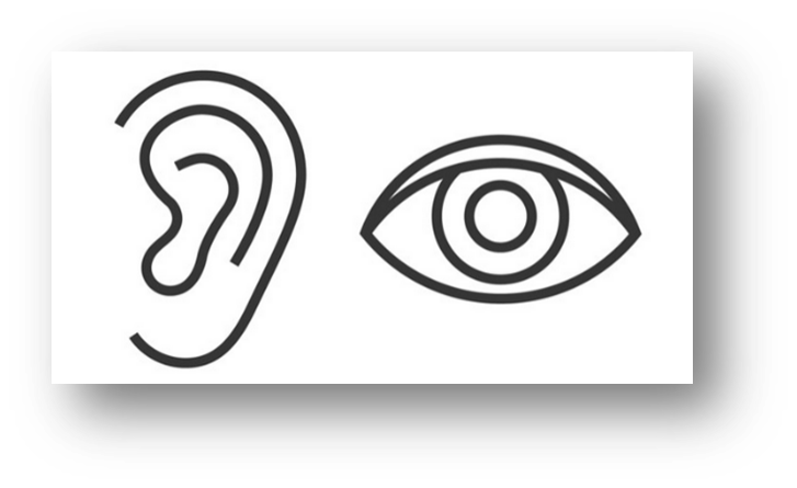 Das Bild zeigt ein Ohr und ein Auge um das Zwei-Sinne-system zu verdeutlichen. Alles, was gesehen werden kann, soll auch gehört werden können und umgekehrt.